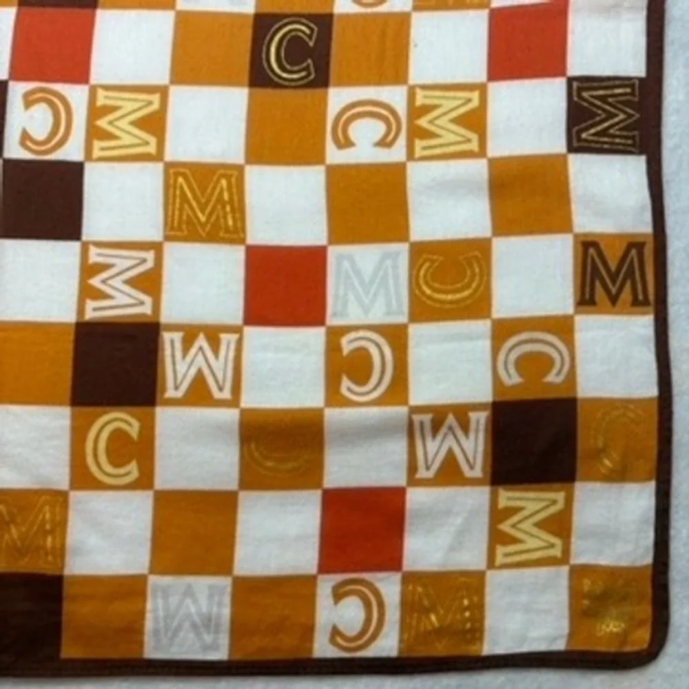 Vtg MCM Scarf Handkerchief Checkerboard Logo Cotton Brown Orange 18